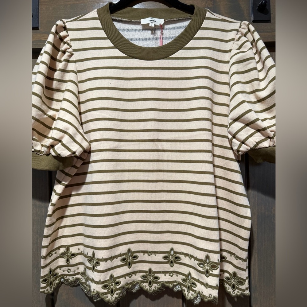 Entro Olive and Cream Striped Short Sleeve Top W Embroidery Detail